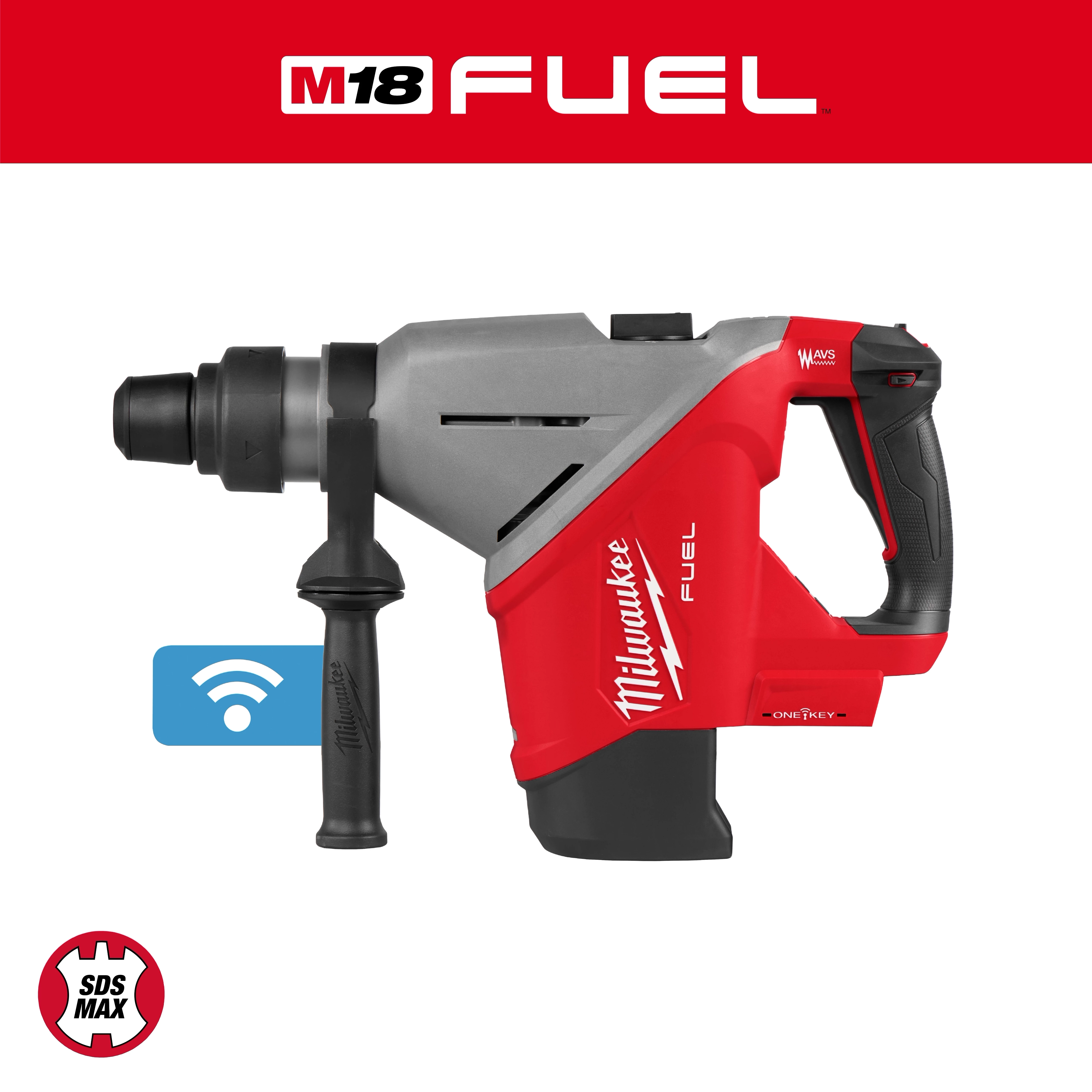 Milwaukee M18 Fuel 1-3/4" SDS Max Rotary Hammer with One-Key, featuring ergonomic handle and red and gray body.