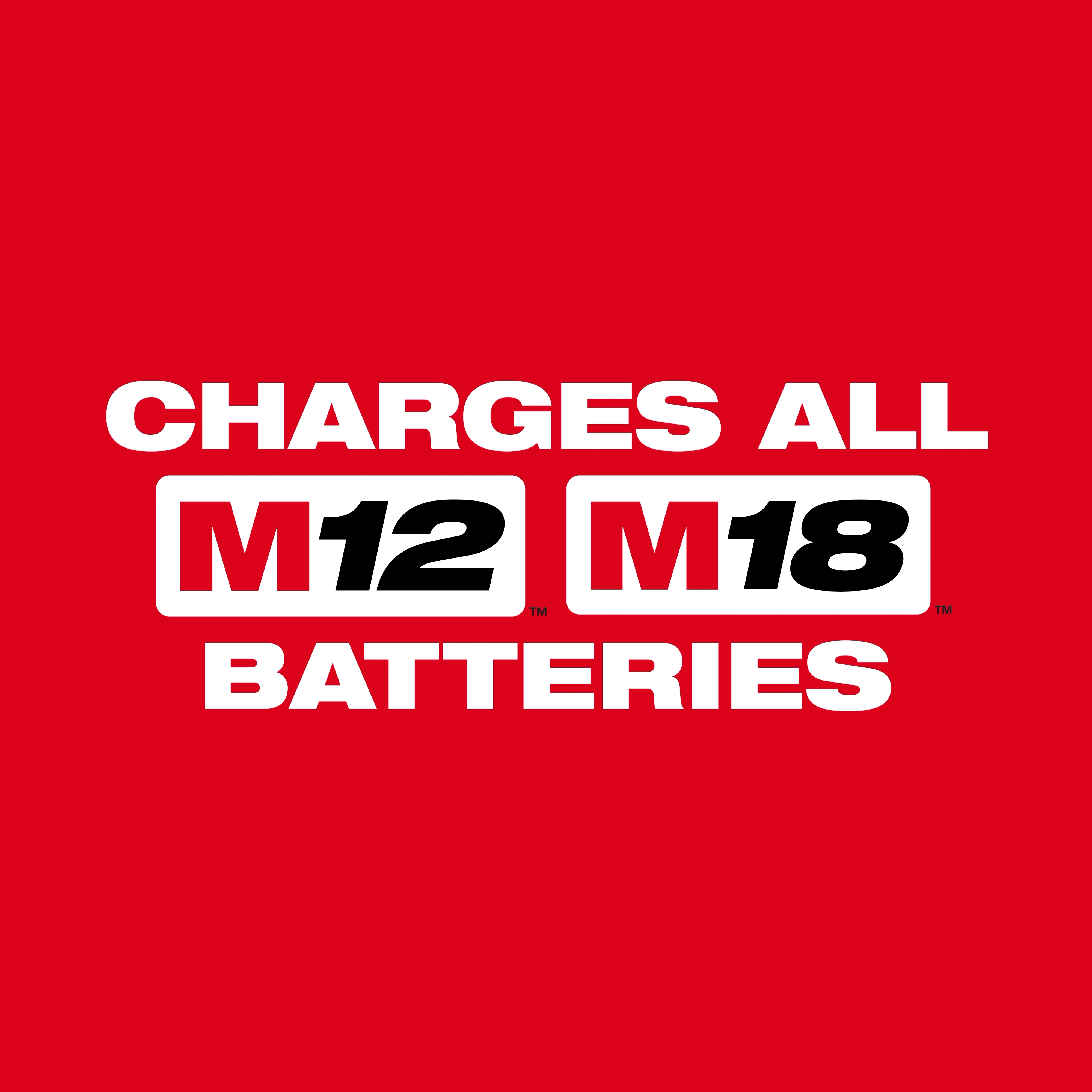 Milwaukee M12 and M18 Universal Charger charges all M12 and M18 batteries. Text is on a bright red background.