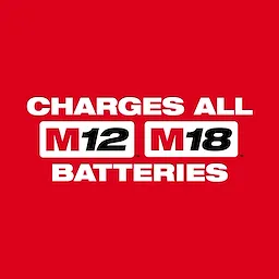 Milwaukee M12 and M18 Universal Charger charges all M12 and M18 batteries. Text is on a bright red background.