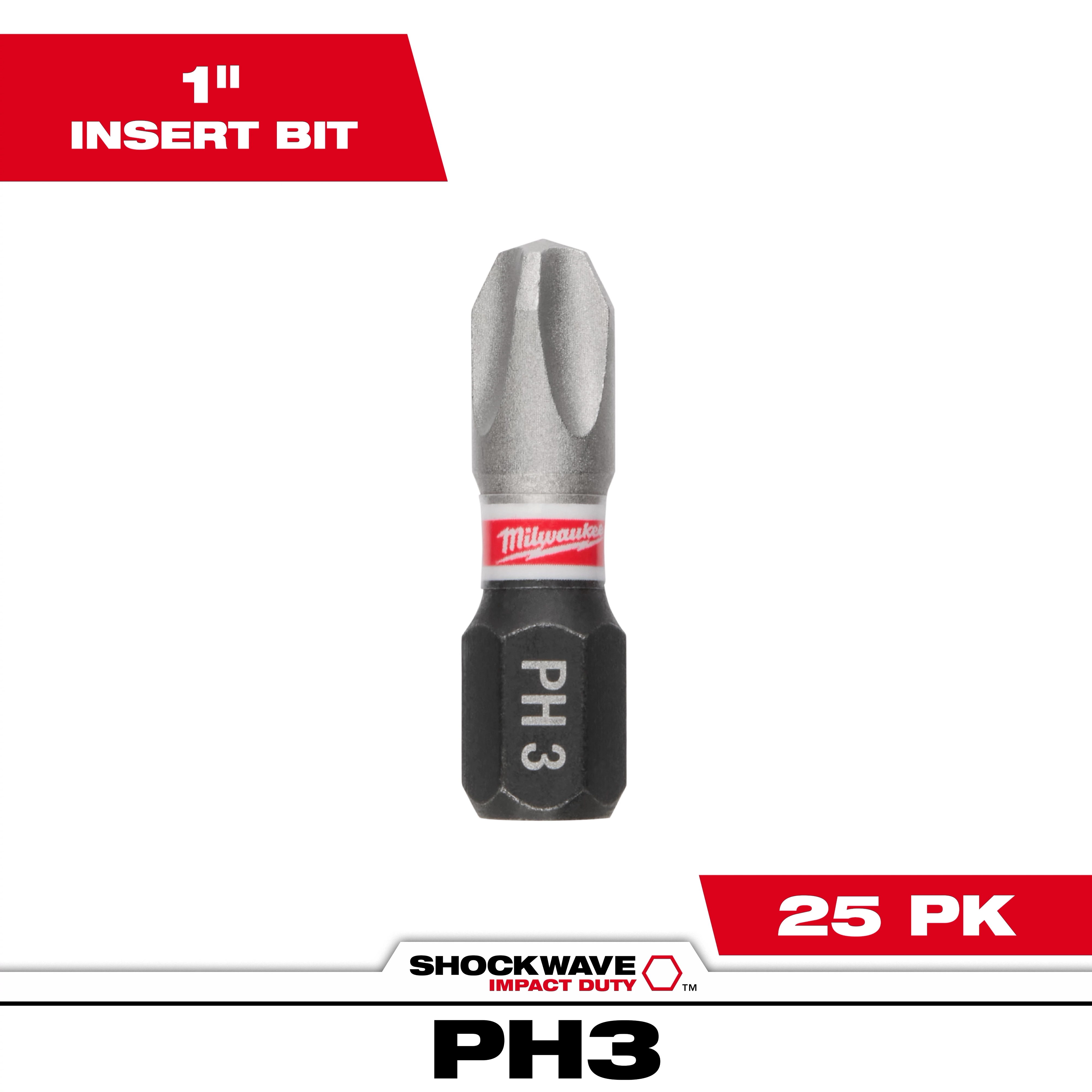 This image displays a SHOCKWAVE™ 1" Impact Duty Phillips #3 Insert Bit (25 PK) by Milwaukee. The bit is shown with a silver tip and black base featuring the letters "PH 3." Text indicating "1" Insert Bit" and "25 PK" is also visible in the image.