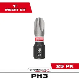 This image displays a SHOCKWAVE™ 1" Impact Duty Phillips #3 Insert Bit (25 PK) by Milwaukee. The bit is shown with a silver tip and black base featuring the letters "PH 3." Text indicating "1" Insert Bit" and "25 PK" is also visible in the image.