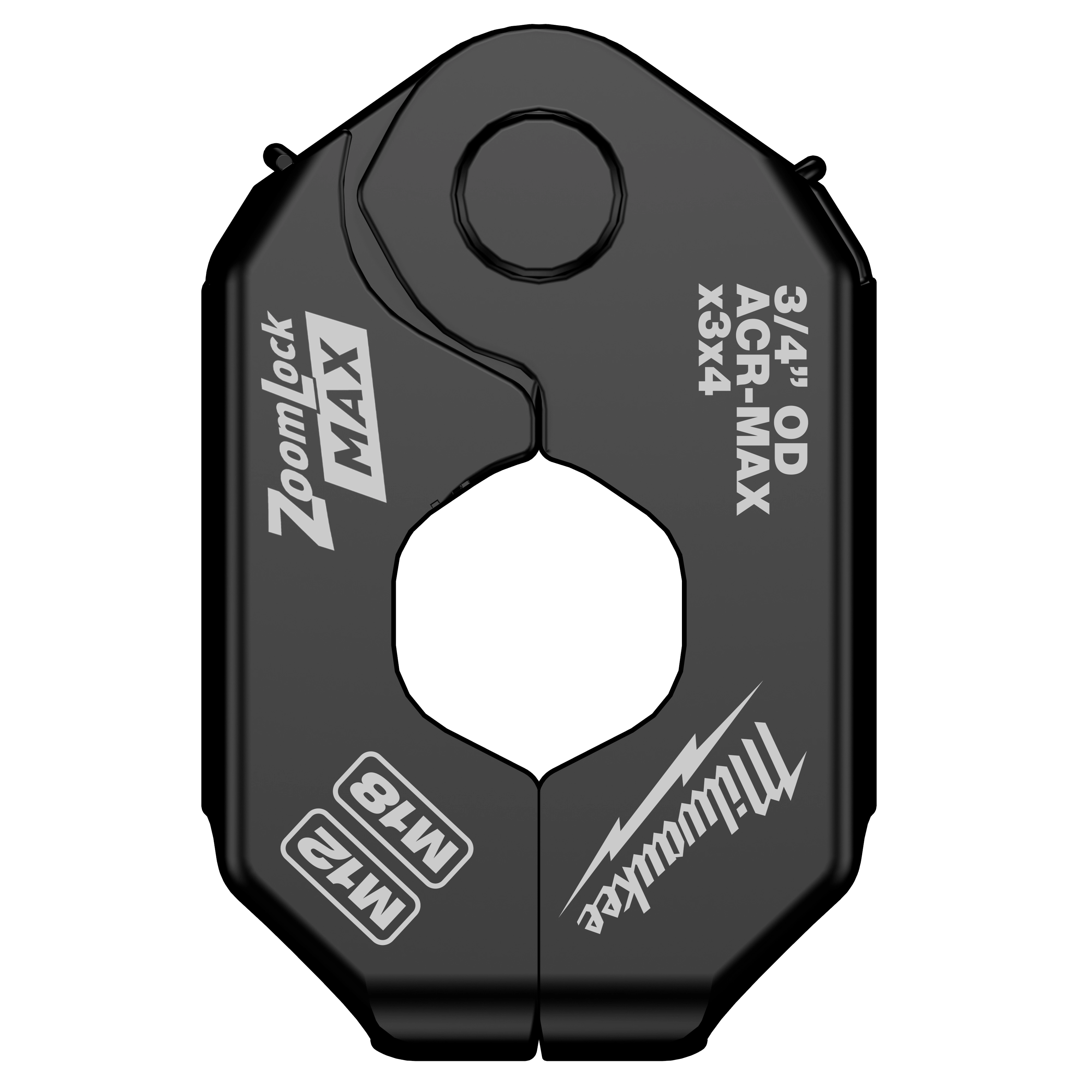 The 3/4" ZoomLock MAX® & MaxiPro® Pivoting Press Ring is a black, metal tool designed for secure pipe connections. It features branding and specifications directly printed onto the circular device, which is used in plumbing and HVAC applications.