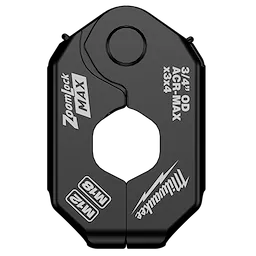 The 3/4" ZoomLock MAX® & MaxiPro® Pivoting Press Ring is a black, metal tool designed for secure pipe connections. It features branding and specifications directly printed onto the circular device, which is used in plumbing and HVAC applications.