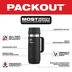 PACKOUT 18oz Insulated Mug with Sip Lid features a leakproof sip lid, double-wall vacuum insulation, and metal handle.