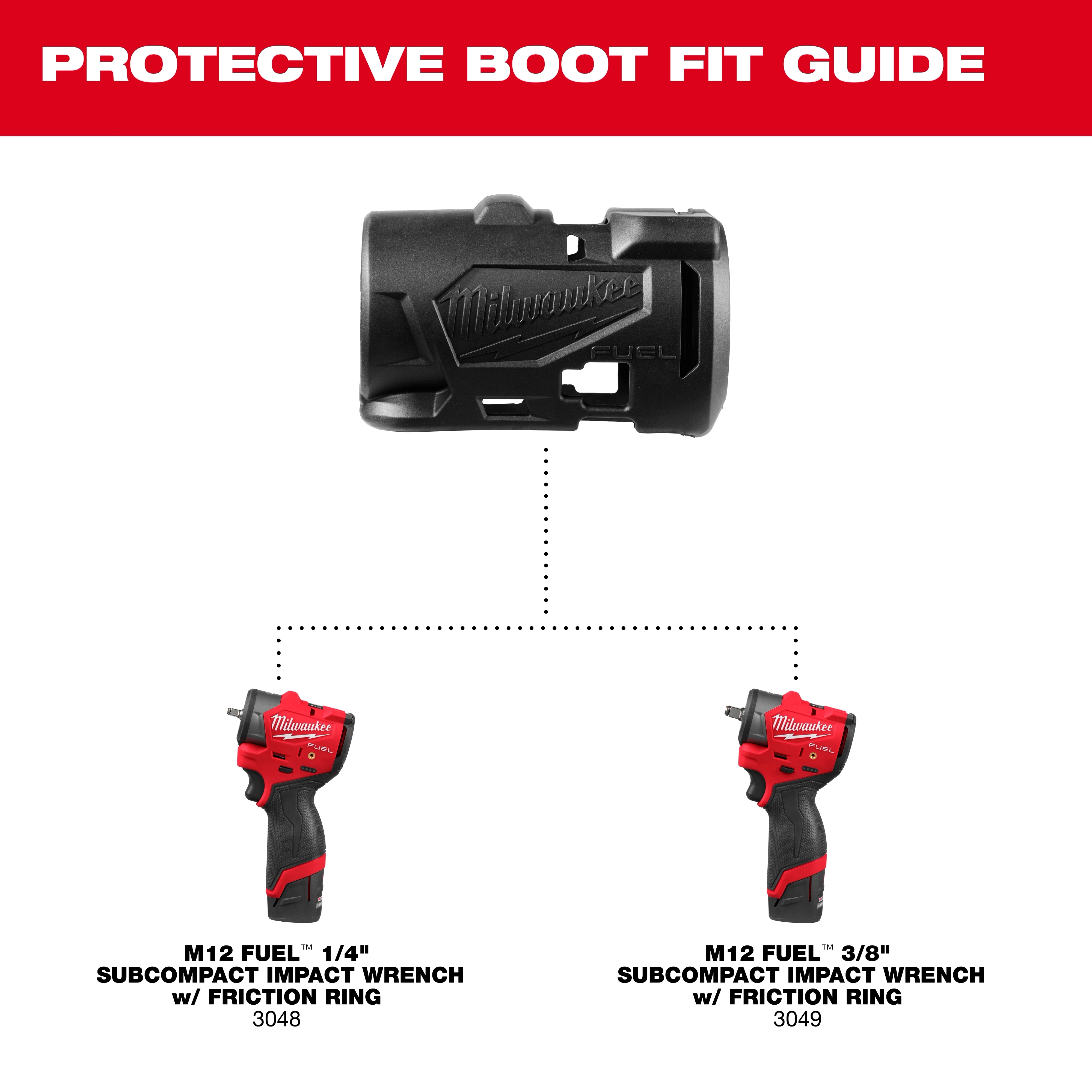 The image displays a protective boot fit guide for M12 FUEL™ Subcompact Impact Wrench w/ Friction Ring, suitable for both 1/4" and 3/8" models, identified as 3048 and 3049 respectively.