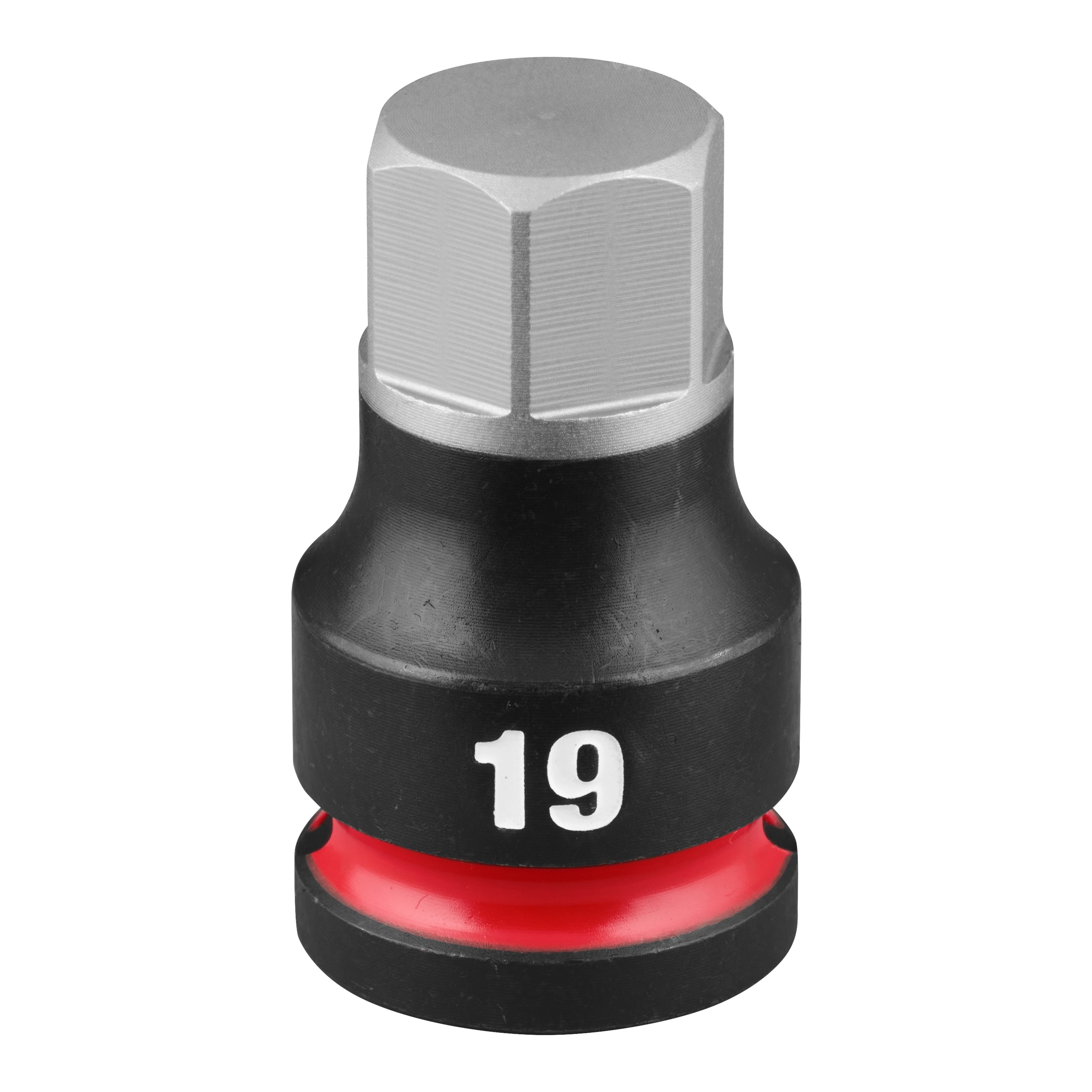 The SHOCKWAVE Impact Duty 1/2" Drive 2" Hex 19mm Bit Socket is a robust, black and gray socket with a hexagonal top and a red ring near the base.