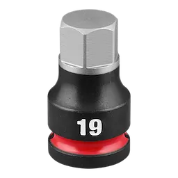 The SHOCKWAVE Impact Duty 1/2" Drive 2" Hex 19mm Bit Socket is a robust, black and gray socket with a hexagonal top and a red ring near the base.