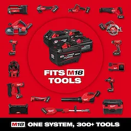 M18 REDLITHIUM HIGH OUTPUT XC5 Battery Pack and Starter Kit centered among various M18 power tools on a red background