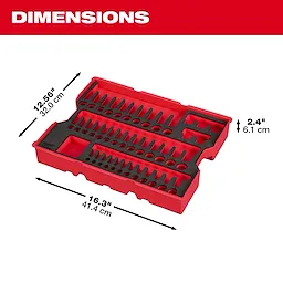 Bare Tray for 77pc. 1/4”, 3/8”, & 1/2” Drive Metric Socket Set for PACKOUT™ Drawers. The red tray has dimensions labeled as 12.56” x 16.3” x 2.4”. The interior features black foam inserts to organize socket sizes, arranged in three rows with various slot shapes.