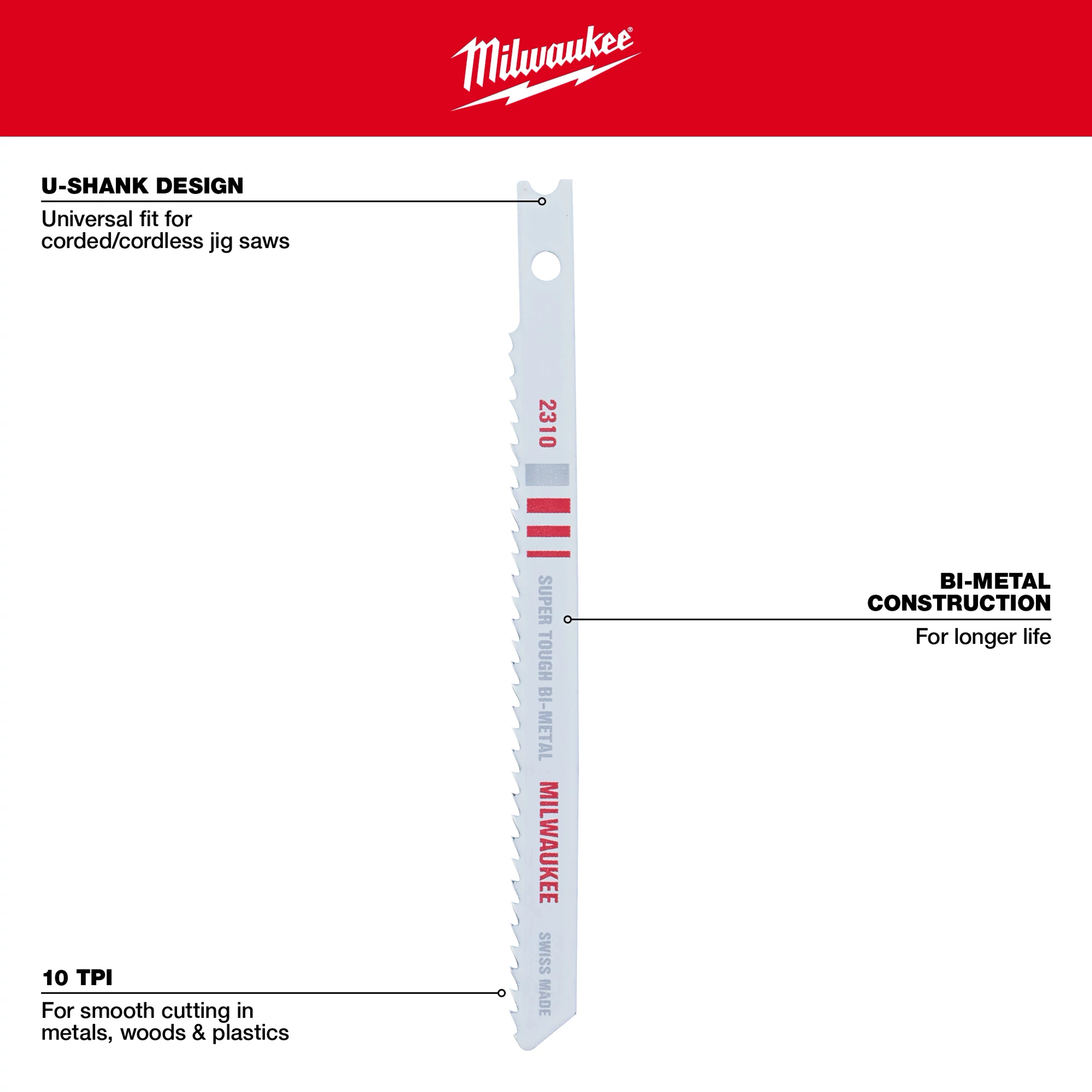 4" 10TPI U-Shank Multi-Material Bi-Metal Jig Saw Blades 5PK features U-shank design, bi-metal construction, and 10 TPI for smooth cutting.