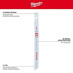 4" 10TPI U-Shank Multi-Material Bi-Metal Jig Saw Blades 5PK features U-shank design, bi-metal construction, and 10 TPI for smooth cutting.