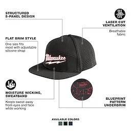 Flat Brim Snapback with a structured 5-panel design, moisture-wicking sweatband, laser-cut ventilation, and blueprint pattern underbrim.