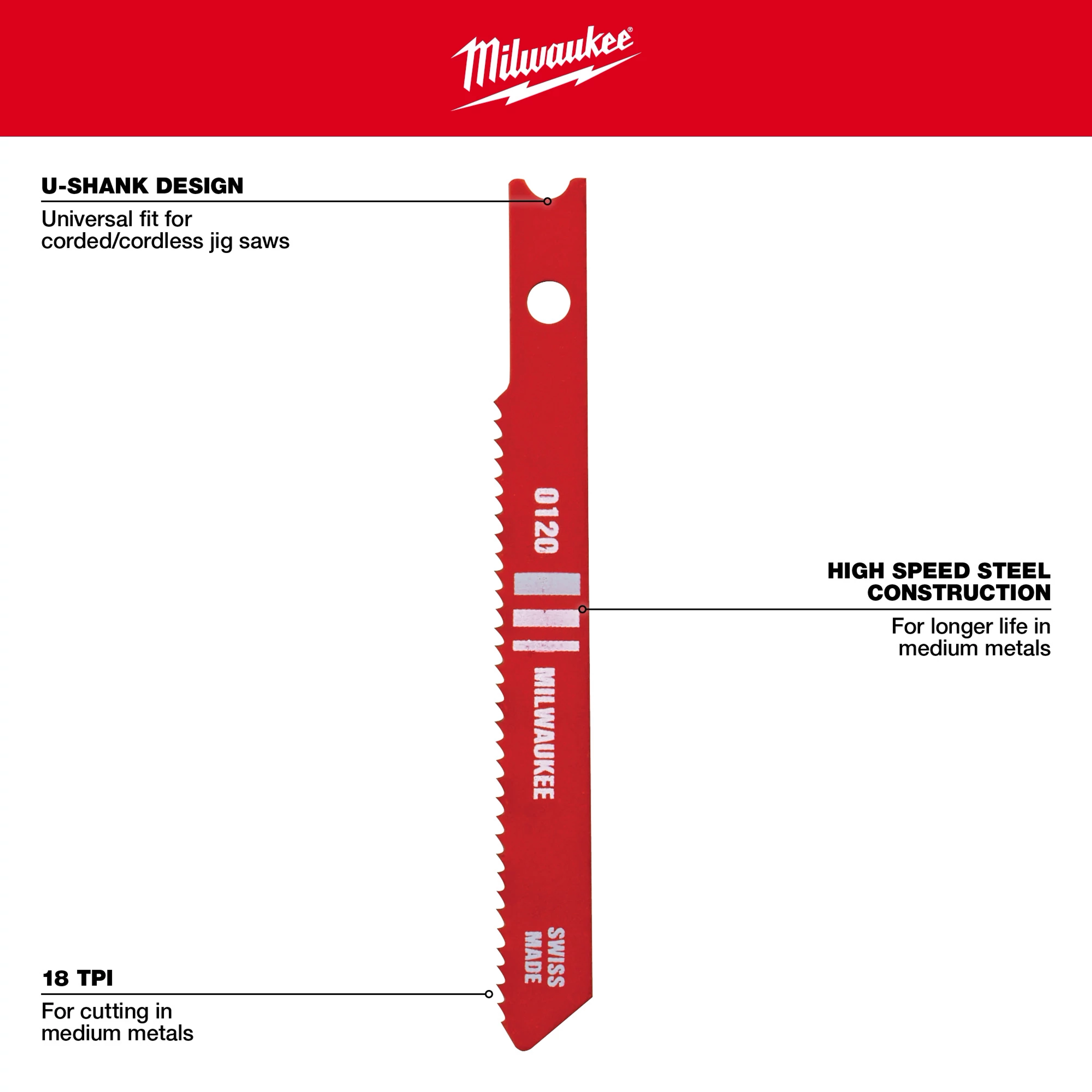 Red 2-3/4" 18 TPI U-Shank metal high-speed steel jig saw blade, 5-pack, featuring universal fit and long-lasting durability.