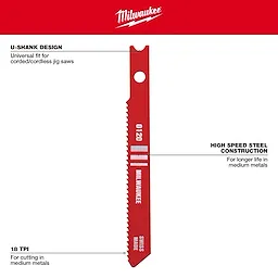 Red 2-3/4" 18 TPI U-Shank metal high-speed steel jig saw blade, 5-pack, featuring universal fit and long-lasting durability.