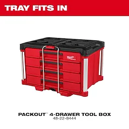 The 366pc. Master Mechanics Hand Tool Set with PACKOUT™ Drawers and Dolly fits into PACKOUT™ 4-Drawer, 3-Drawer, 2-Drawer, and Multi-Depth 3-Drawer Tool Boxes. There are four red and black tool boxes shown, each with varying drawer configurations.