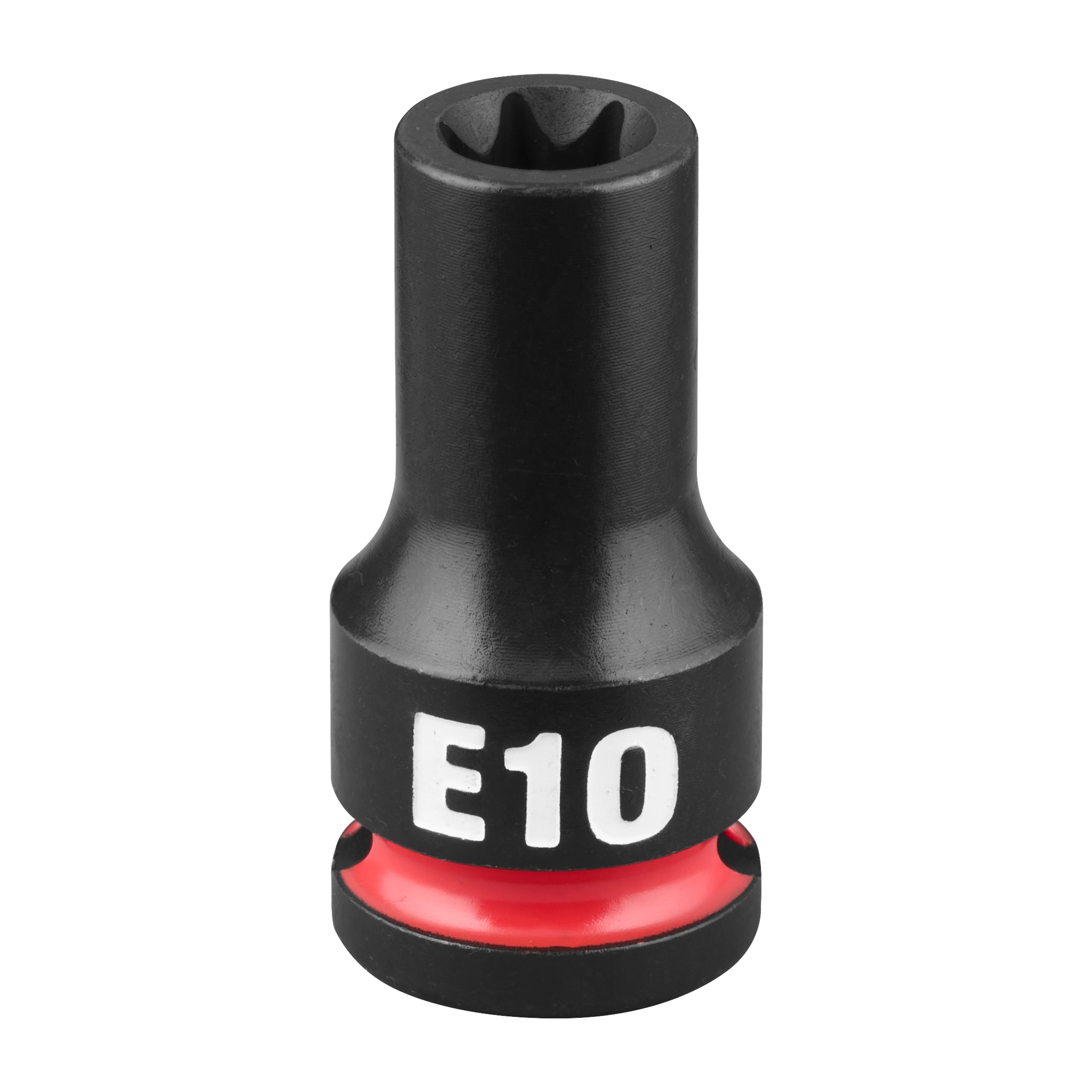 The SHOCKWAVE Impact Duty 3/8" Drive E-Torx E10 Bit Socket has a black body with a label marked "E10" in white and a red ring near the base.
