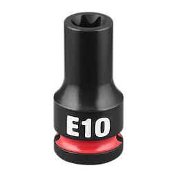 The SHOCKWAVE Impact Duty 3/8" Drive E-Torx E10 Bit Socket has a black body with a label marked "E10" in white and a red ring near the base.