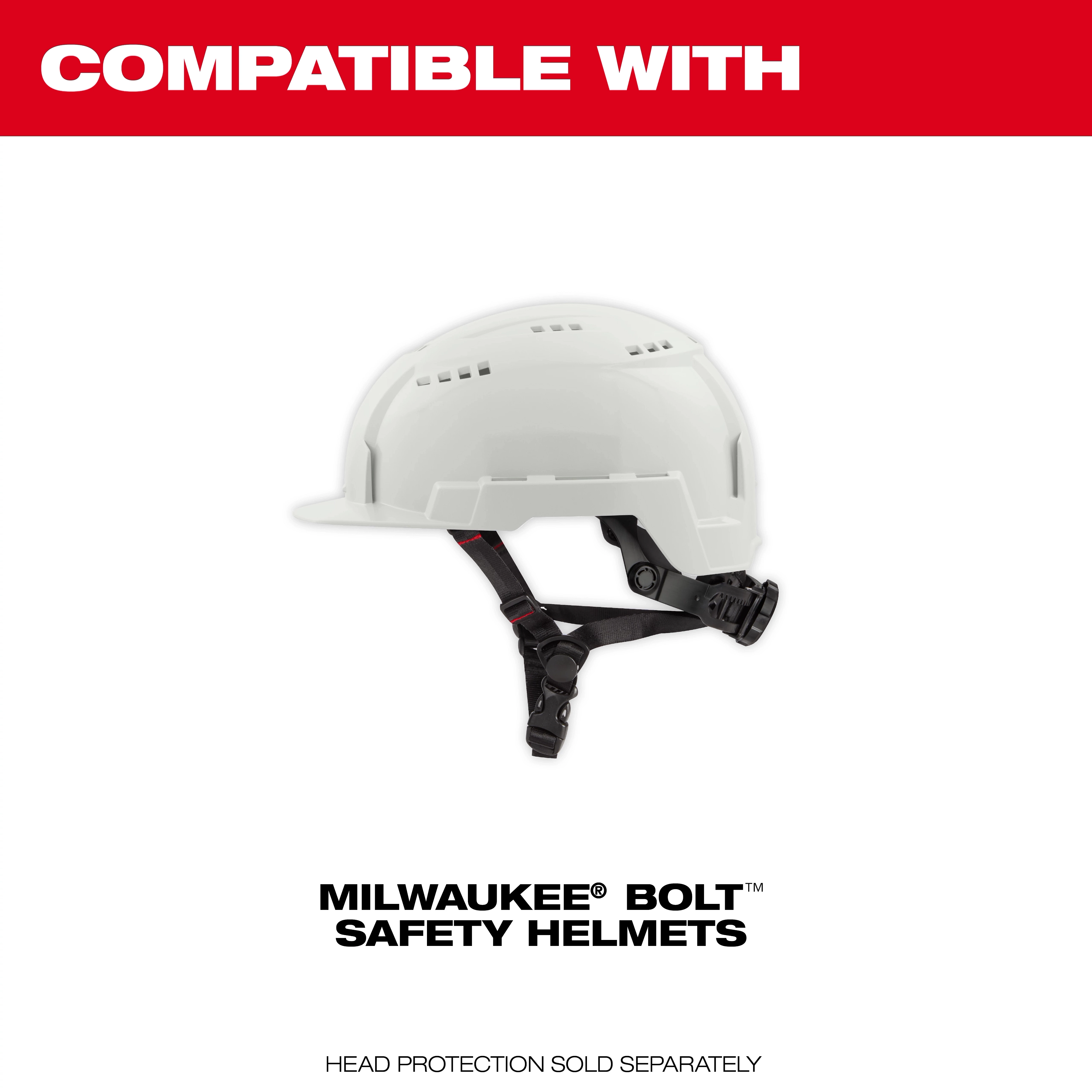 Cooling PPE compatible with Milwaukee Bolt safety helmets featuring a white hardhat with black adjustable straps. Head protection sold separately.
