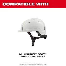 Cooling PPE compatible with Milwaukee Bolt safety helmets featuring a white hardhat with black adjustable straps. Head protection sold separately.