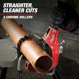 A Milwaukee pipe cutter is shown slicing through a copper pipe, secured with four chrome rollers. The text on the image highlights the product's ability to make straighter, cleaner cuts. The product is being used by someone wearing work gloves.