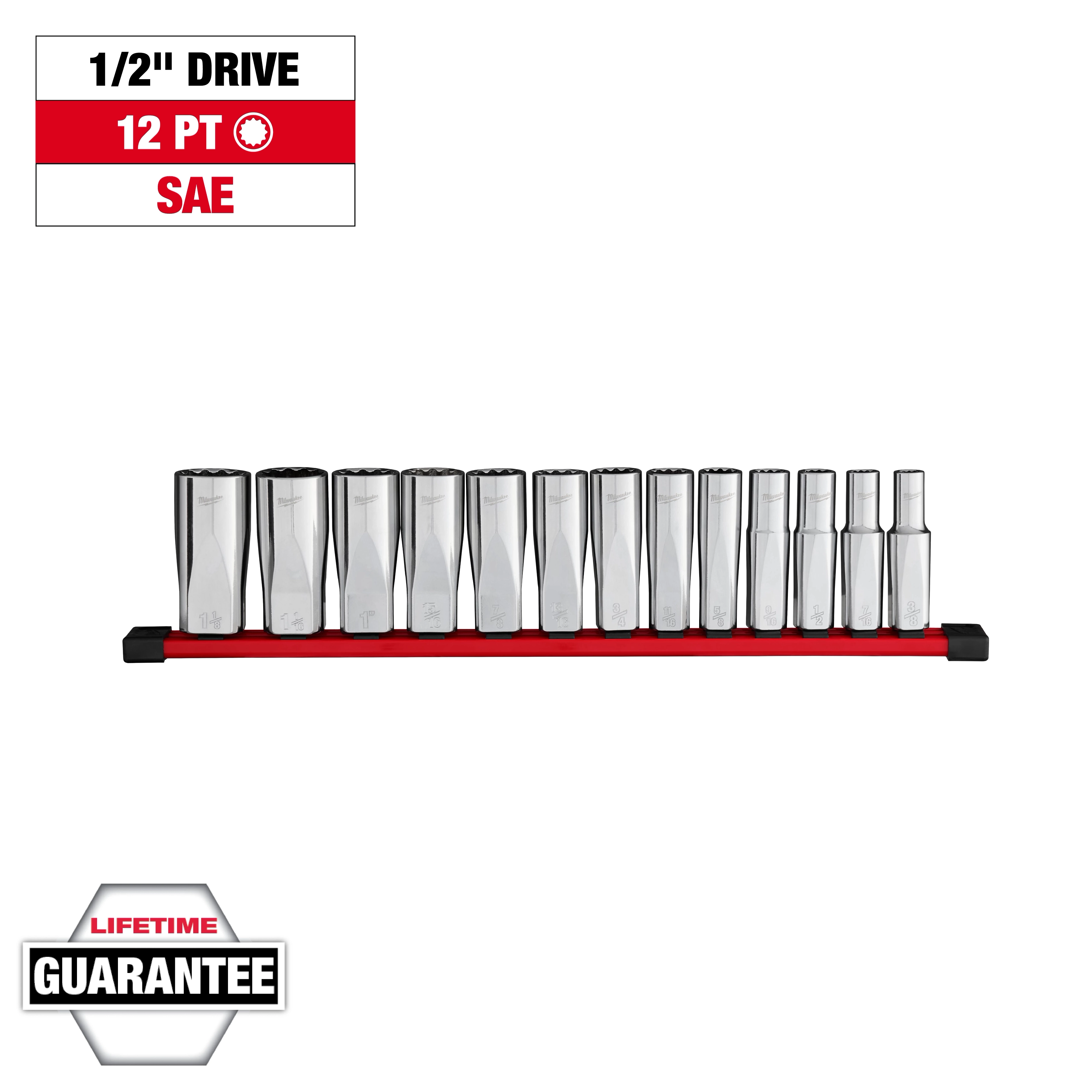 This image shows a 13-piece 1/2” drive 12-point deep well SAE socket set on a red rail. The set includes various sizes of shiny, cylindrical sockets. Labels indicate 1/2" Drive, 12 PT, and SAE with a Lifetime Guarantee badge at the bottom left.