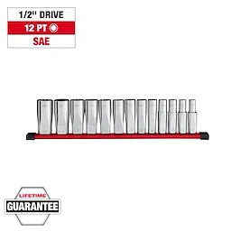 This image shows a 13-piece 1/2” drive 12-point deep well SAE socket set on a red rail. The set includes various sizes of shiny, cylindrical sockets. Labels indicate 1/2" Drive, 12 PT, and SAE with a Lifetime Guarantee badge at the bottom left.