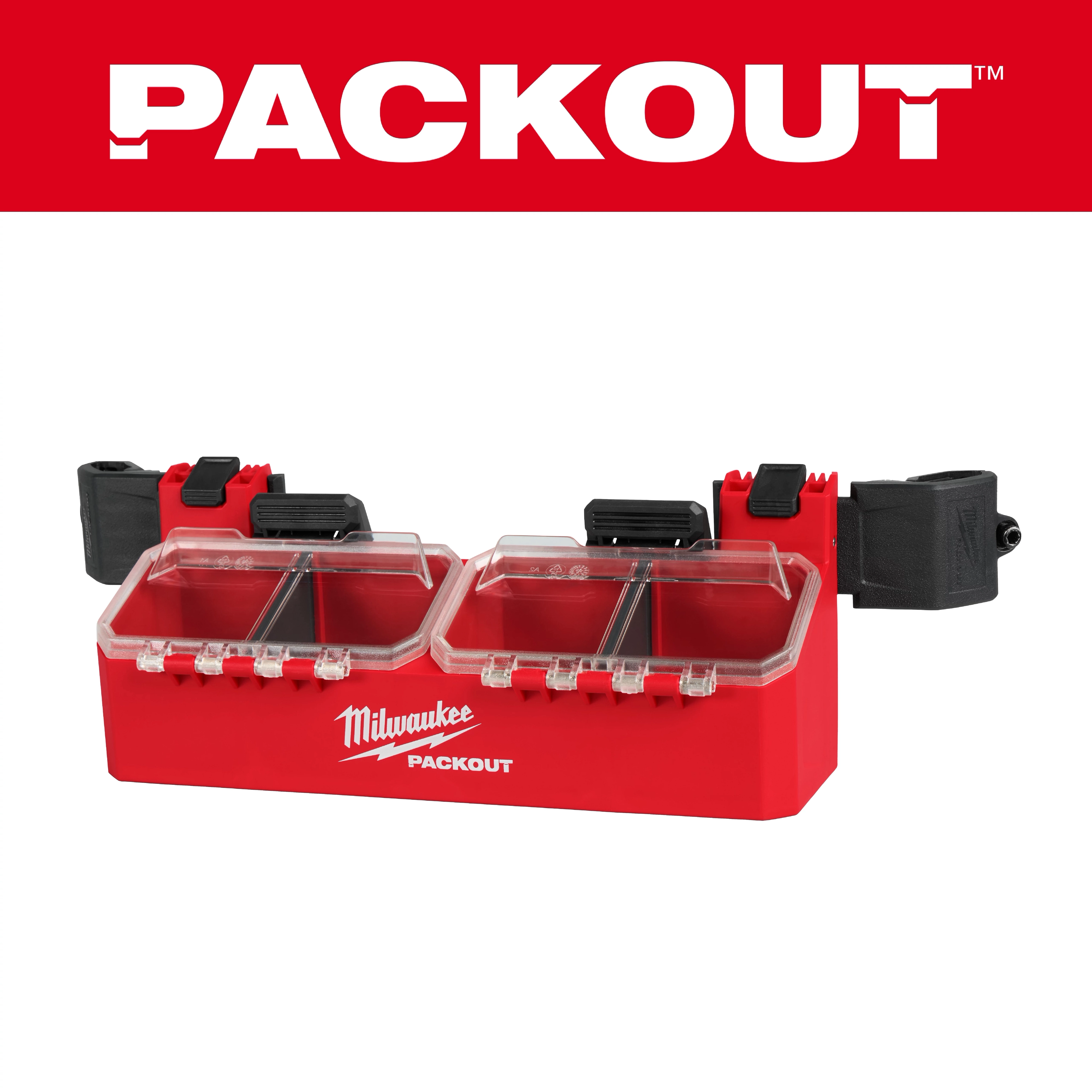 PACKOUT Tool Box 2-Bin Attachment with two clear lidded compartments and black buckles and clips.