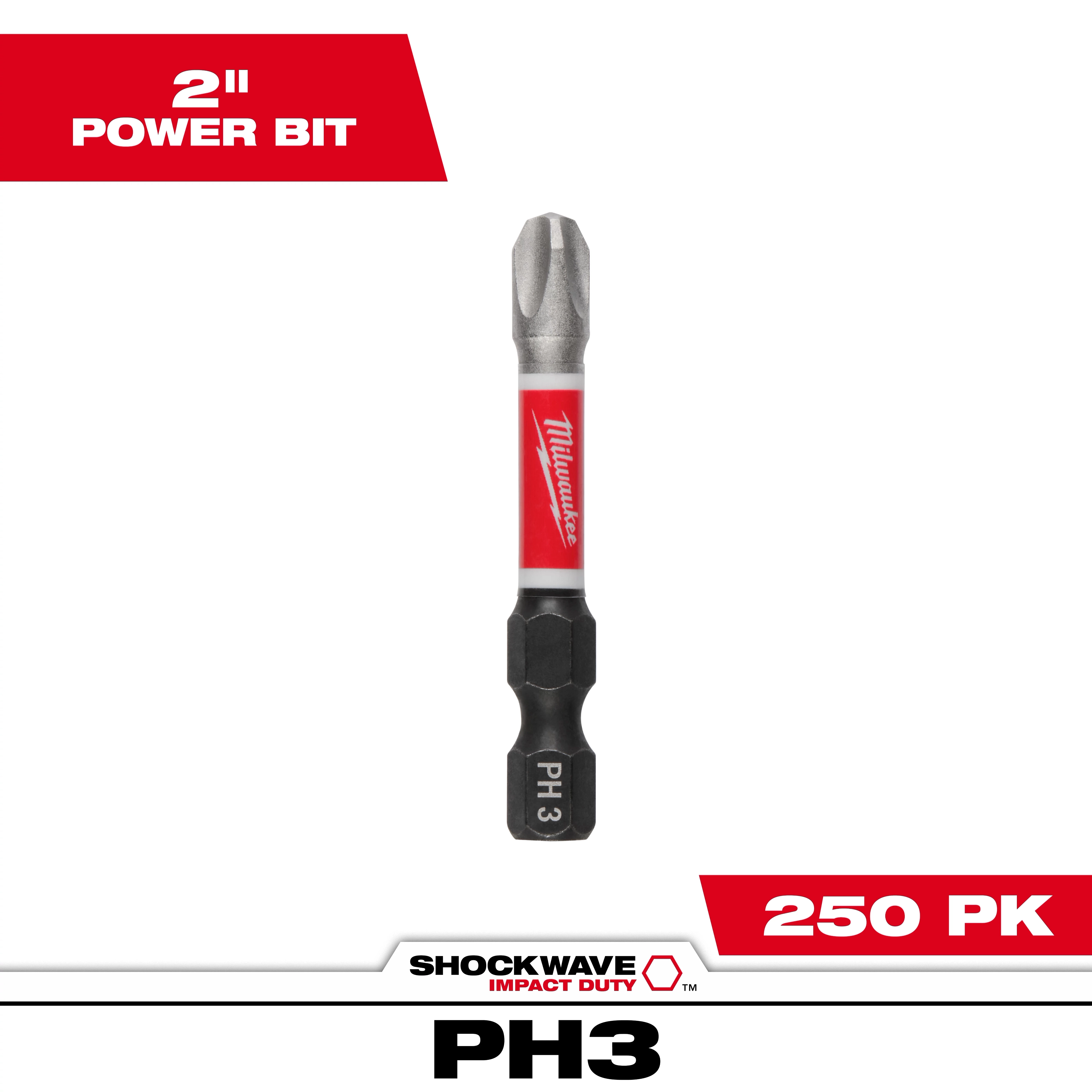 Image of the SHOCKWAVE™ 2" Power Bit PHILLIPS #3 Bulk 250. The bit is silver with a red and black handle, marked "PH 3" and the brand "Milwaukee" in white text. Packaging indicates 250 pieces.