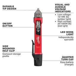 Dual Range Voltage Detector w/ LED, durable tip design, on/off button, belt clip, visual/audible voltage indicators, and LED work light.