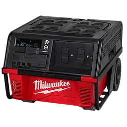 Milwaukee ROLL-ON™ 7200W/3600W 6.0kWh Power Supply is a red and black portable generator with digital display and multiple outlets. The unit has wheels and a sturdy handle for mobility. The Milwaukee logo is prominently displayed on the front of the generator.