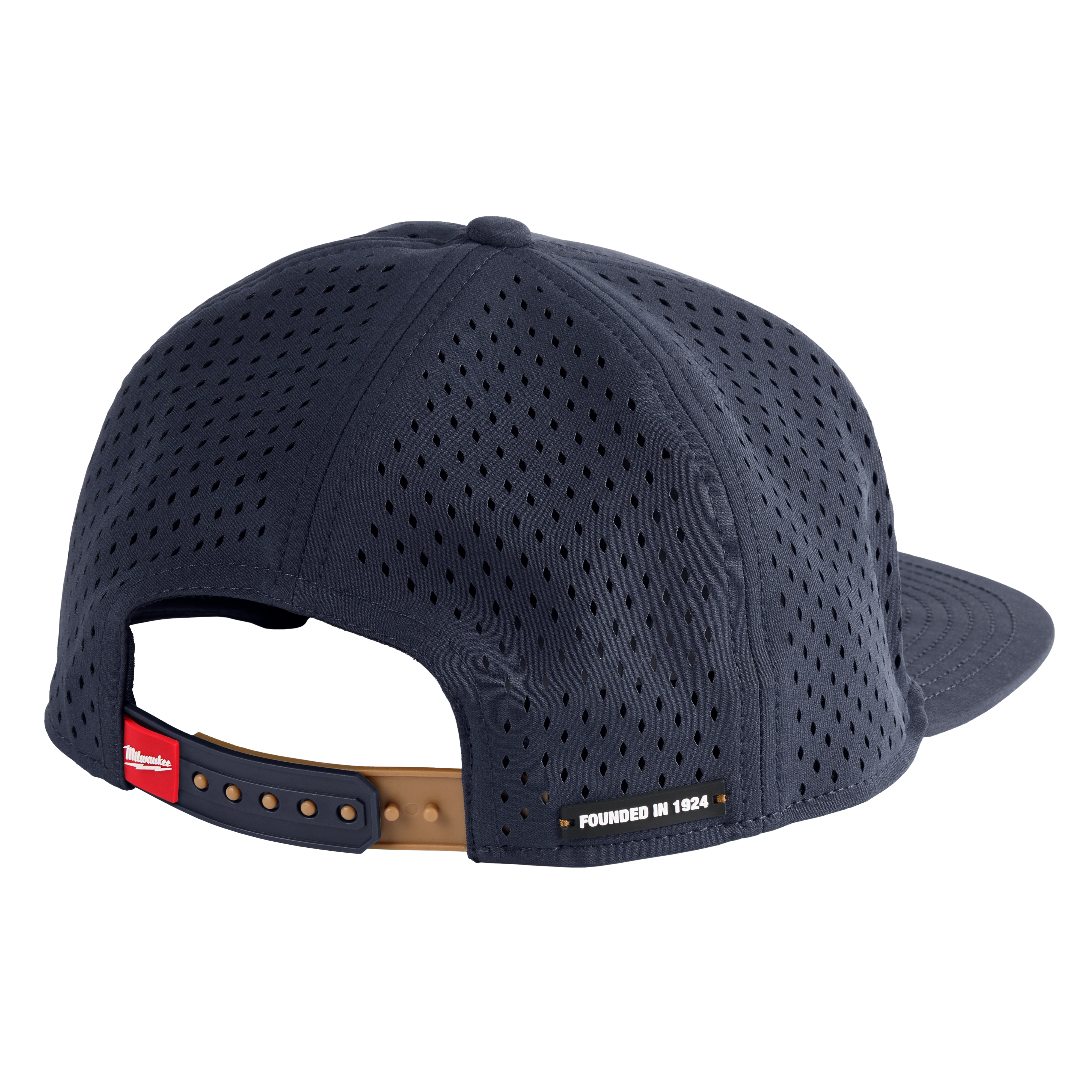 Flat Brim Snapback hat featuring a dark blue, perforated design for breathability and an adjustable strap with a red logo tag.