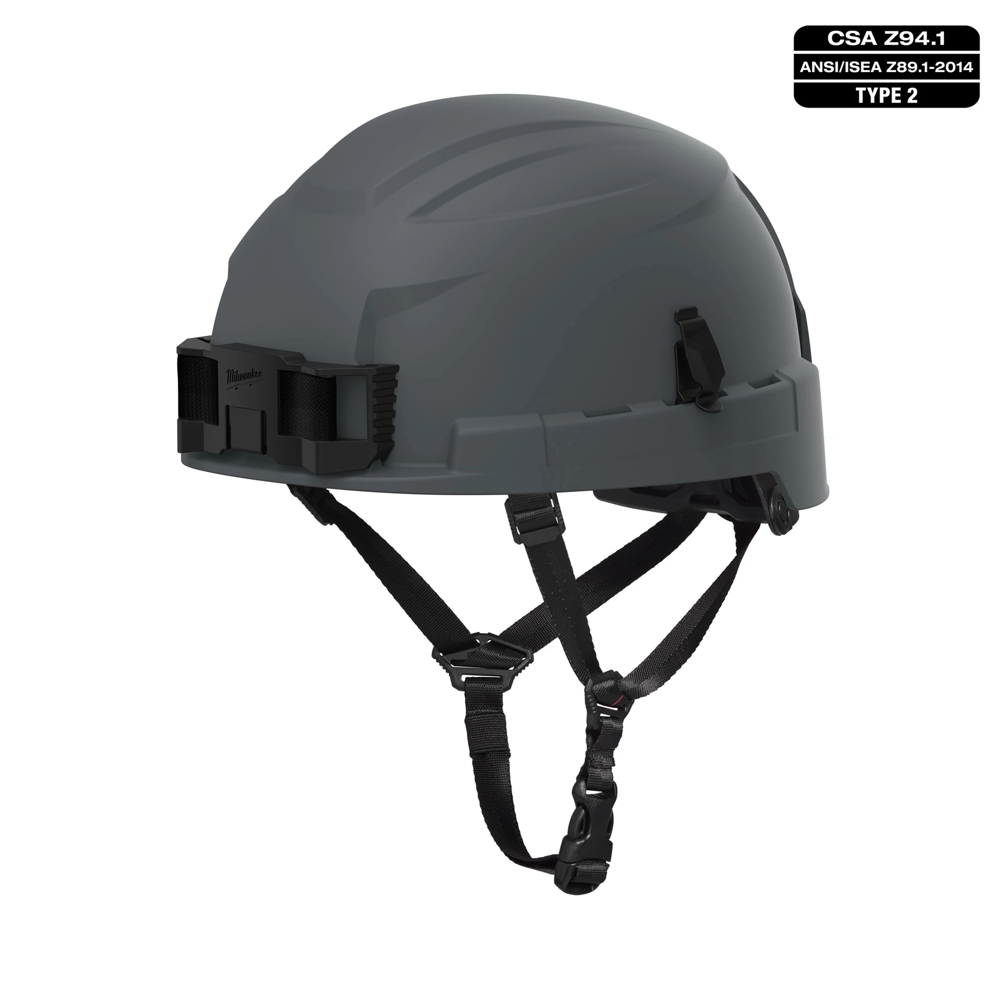 BOLT Grey Safety Helmet with 4pt ratcheting suspension, Type 2, Class E. Features a grey exterior and black adjustable straps.