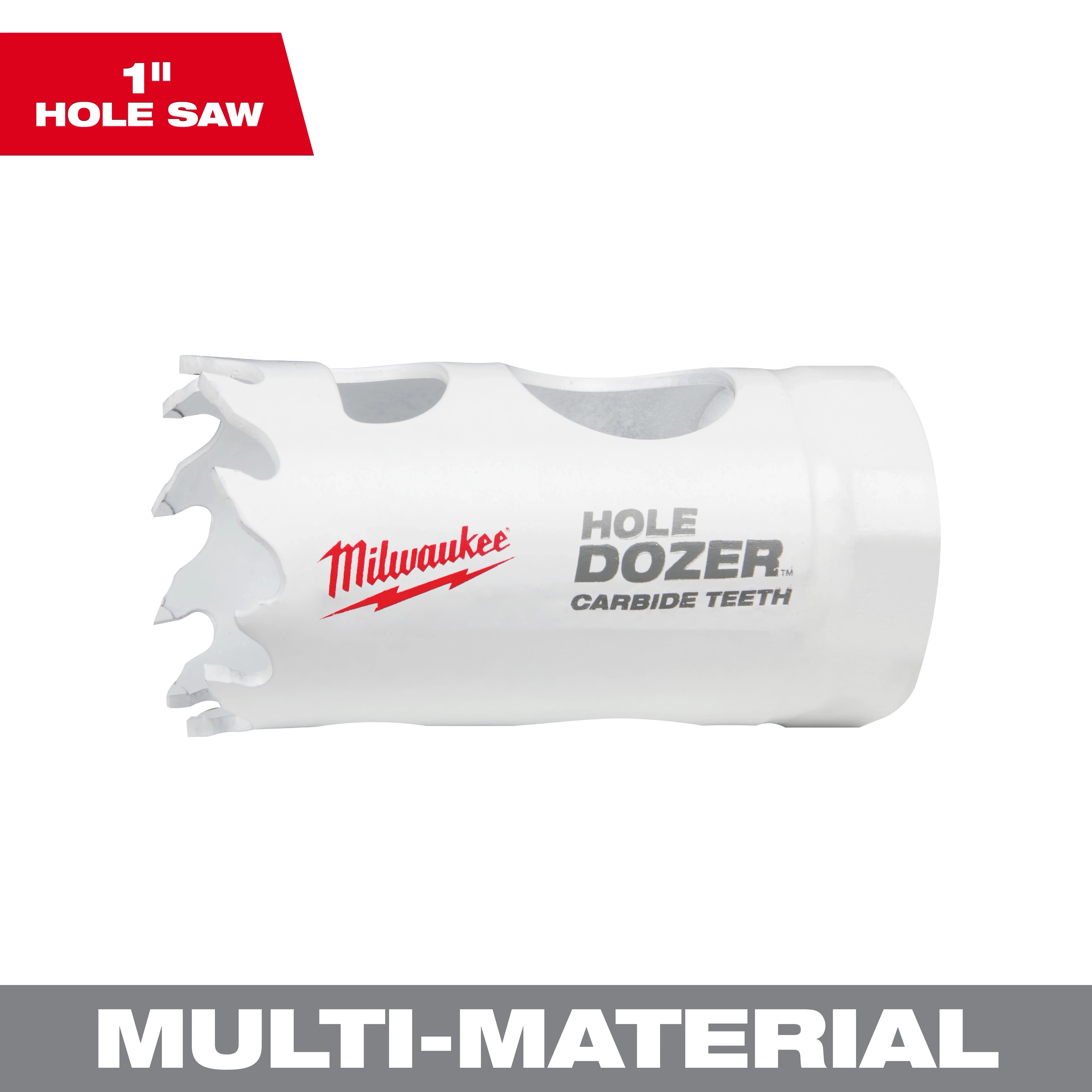 1" HOLE DOZER with Carbide Teeth Hole Saw in white, featuring jagged cutting edges and multi-material capabilities.