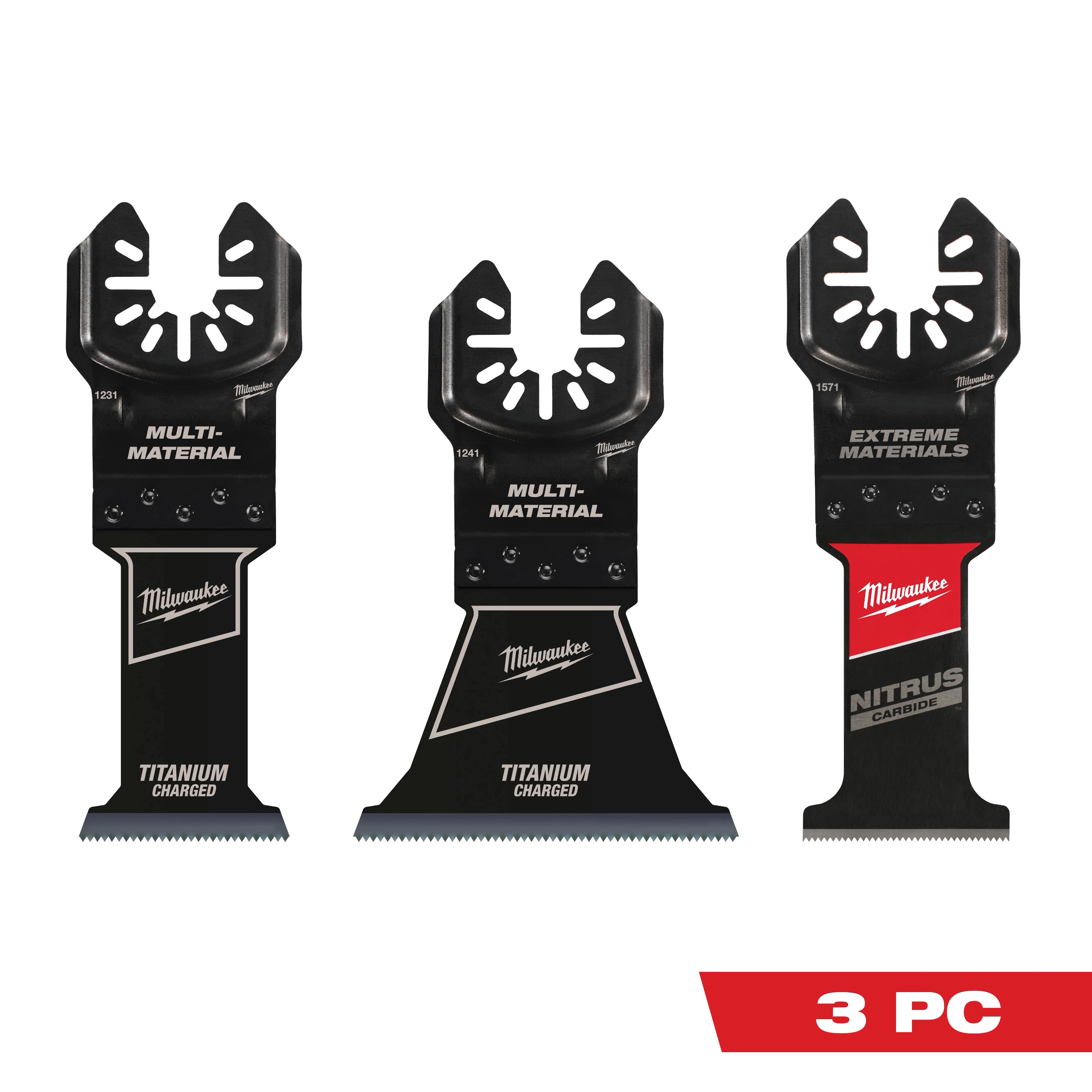 The image displays the OPEN-LOK™ 3 PC Multi-Material Oscillating Multi-Tool Blade Set, featuring three black blades. Each blade has a unique design and is labeled for multi-material use, titanium charged, and Nitrus carbide extreme materials. A red "3 PC" label is in the bottom right corner.