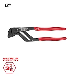 The 12" Pliers Wrench features red handles and a black gripping mechanism, with a maximum capacity of up to 3 1/8 inches.