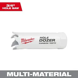 3/4" HOLE DOZER with Carbide Teeth Hole Saw, white with red and black text, designed for cutting through various materials.