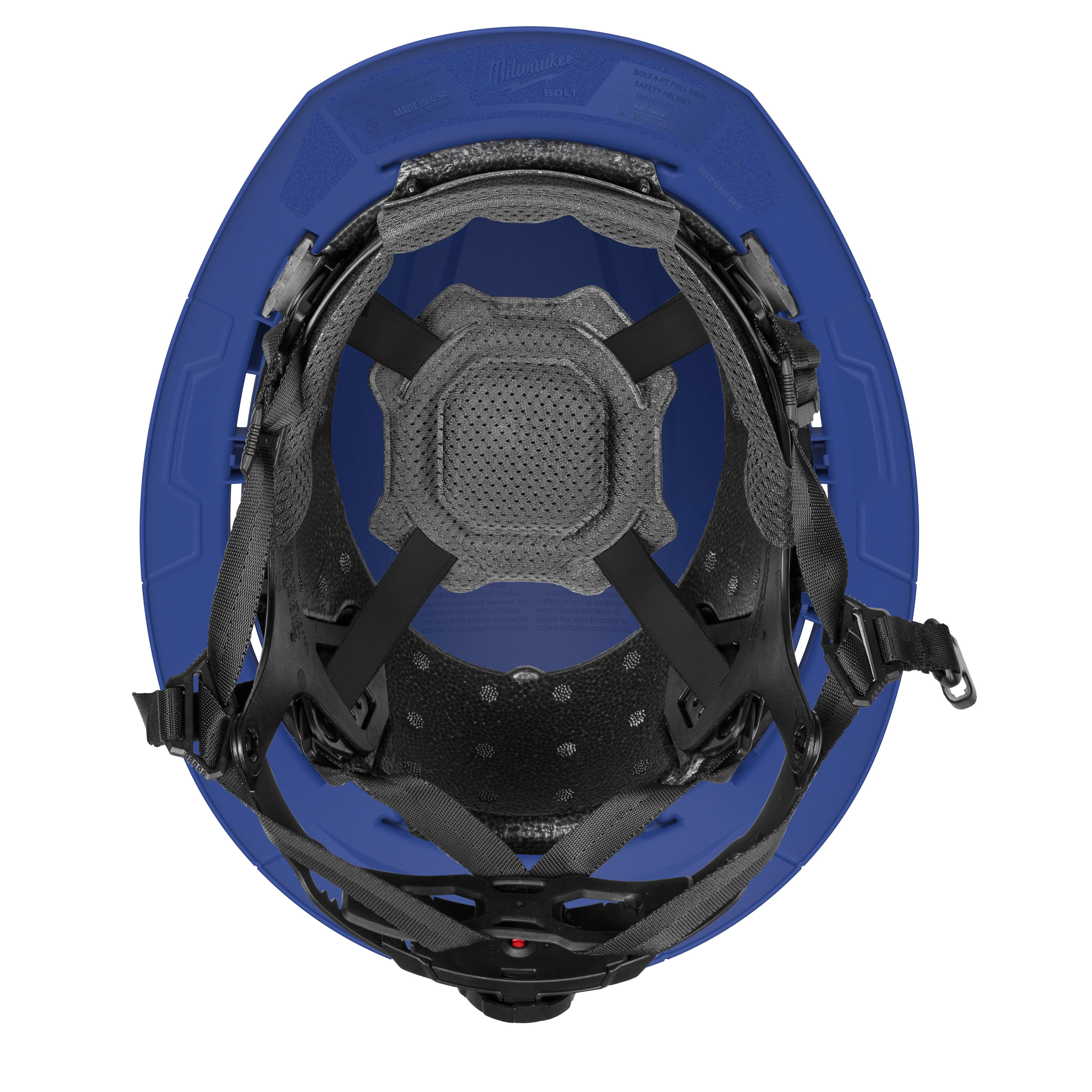 BOLT™ Blue Full Brim Safety Helmet features a Type 2, Class E design with a 4-point ratcheting suspension system for enhanced comfort and security. The image shows the interior of the blue helmet, highlighting the black adjustable straps and padded support for head protection.