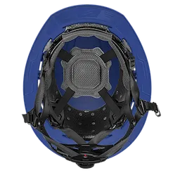 BOLT™ Blue Full Brim Safety Helmet features a Type 2, Class E design with a 4-point ratcheting suspension system for enhanced comfort and security. The image shows the interior of the blue helmet, highlighting the black adjustable straps and padded support for head protection.