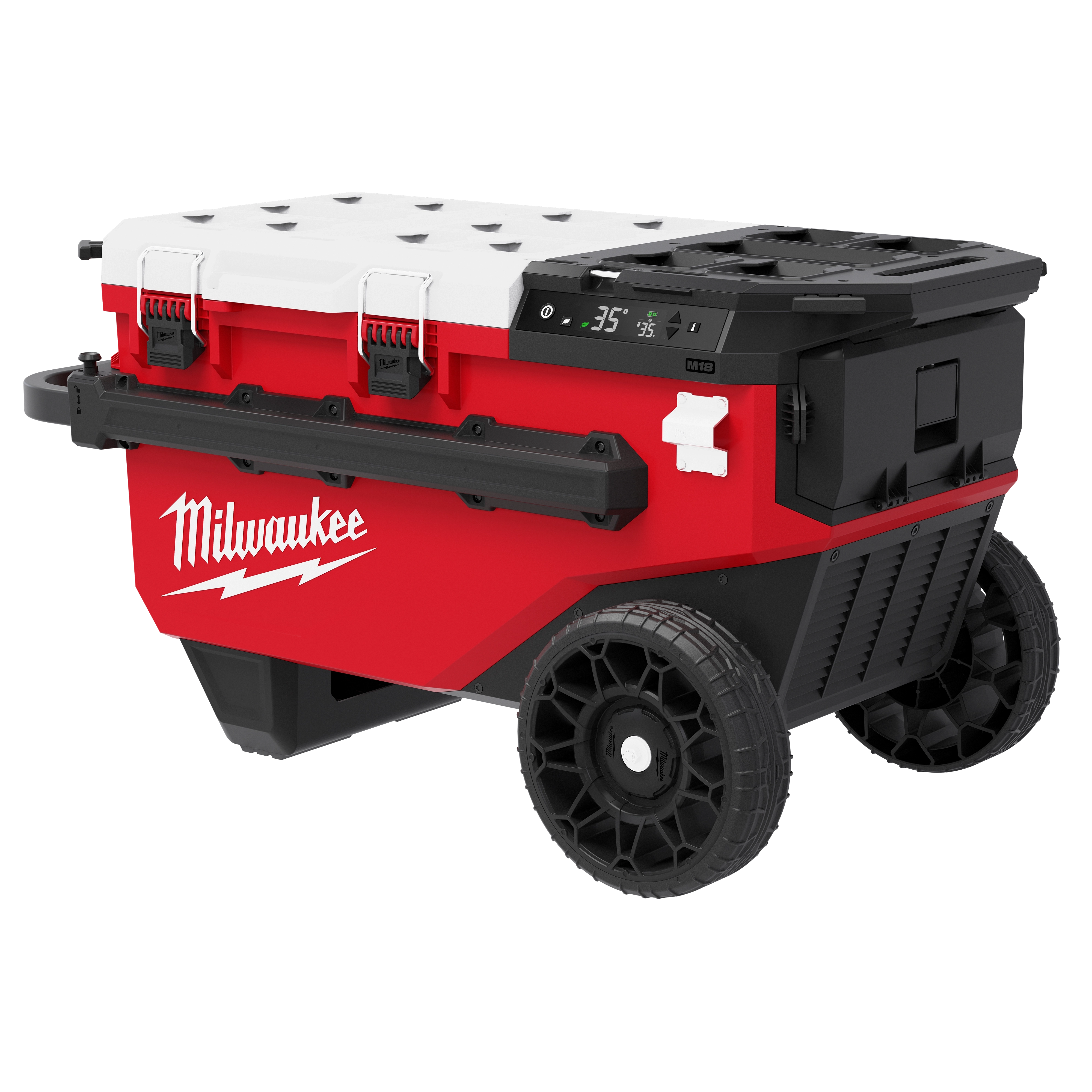 M18 30QT Rolling Fridge w/ PACKOUT Compatibility on large wheels with side handles and a latching lid.