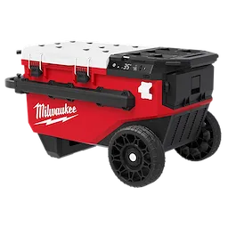M18 30QT Rolling Fridge w/ PACKOUT Compatibility on large wheels with side handles and a latching lid.