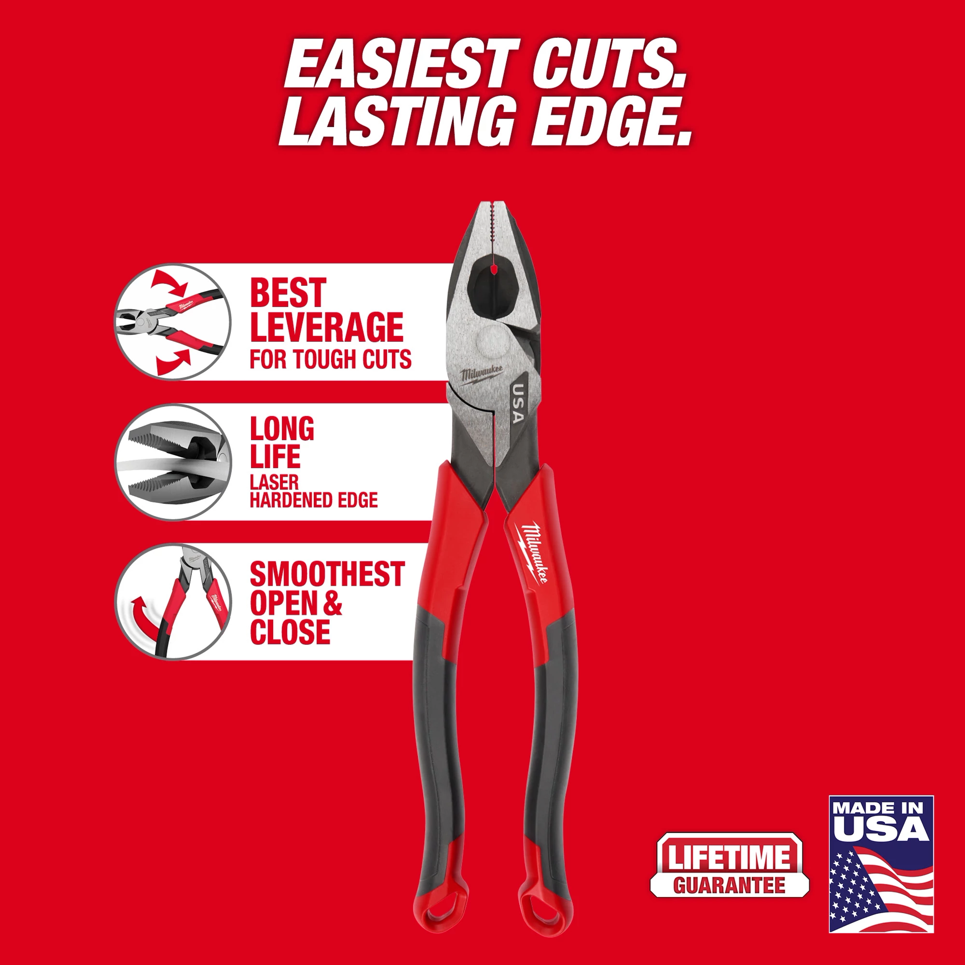 9" Lineman's Comfort Grip Pliers (USA) offer best leverage for tough cuts, long life with laser-hardened edge, and smooth operation.