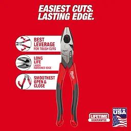 9" Lineman's Comfort Grip Pliers (USA) offer best leverage for tough cuts, long life with laser-hardened edge, and smooth operation.