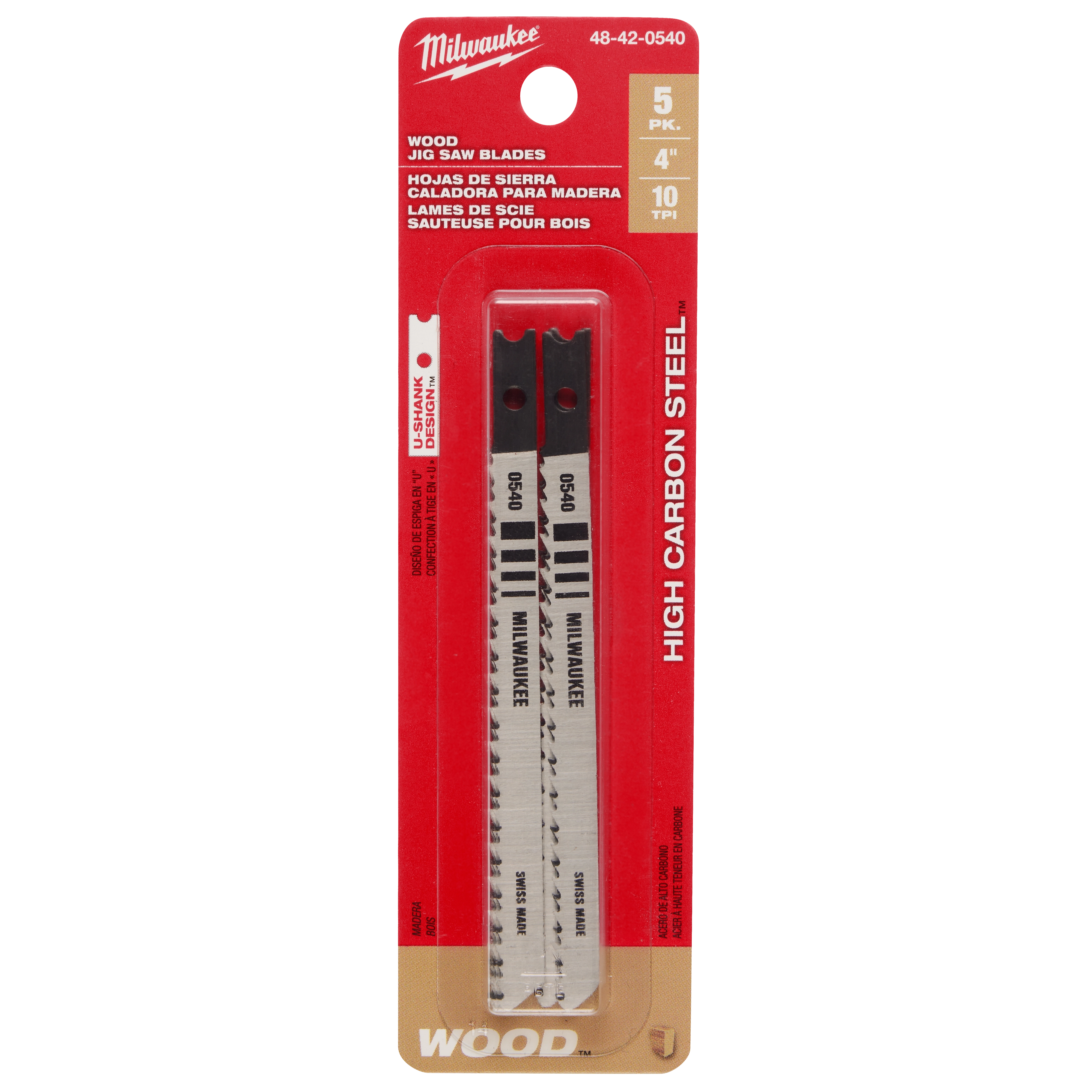 4" 10TPI T-Shank Wood High Carbon Steel Jig Saw Blades 5PK in red packaging, suitable for wood cutting, with five pieces included.