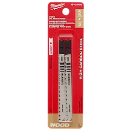 4" 10TPI T-Shank Wood High Carbon Steel Jig Saw Blades 5PK in red packaging, suitable for wood cutting, with five pieces included.