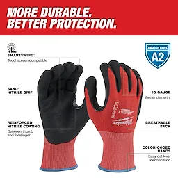 Red Nitrile Level 2 Cut Resistant Dipped Work Gloves with touchscreen compatibility, reinforced nitrile coating, and breathable back.