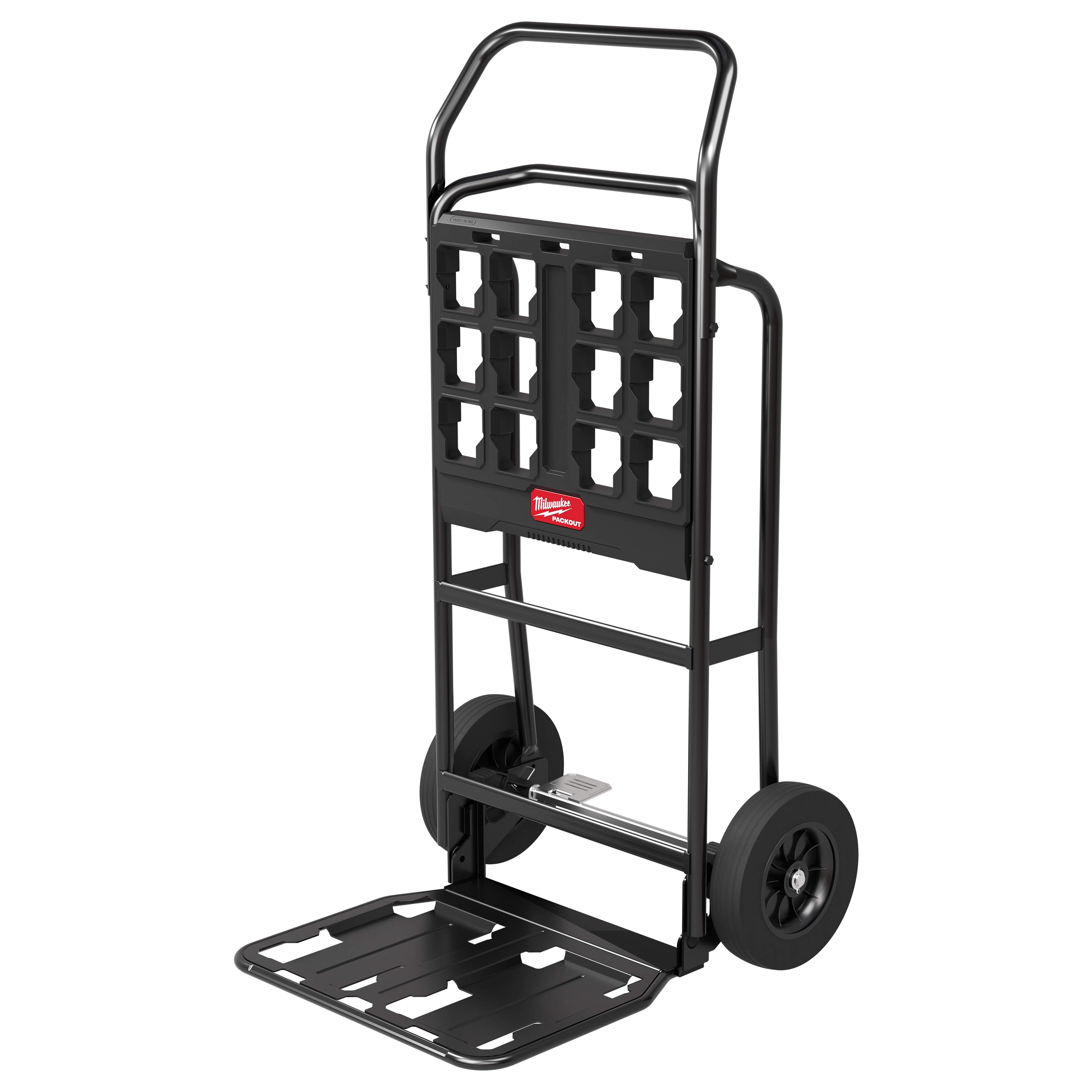 PACKOUT Hand Truck with foldable base plate and two rear wheels on a plain background.