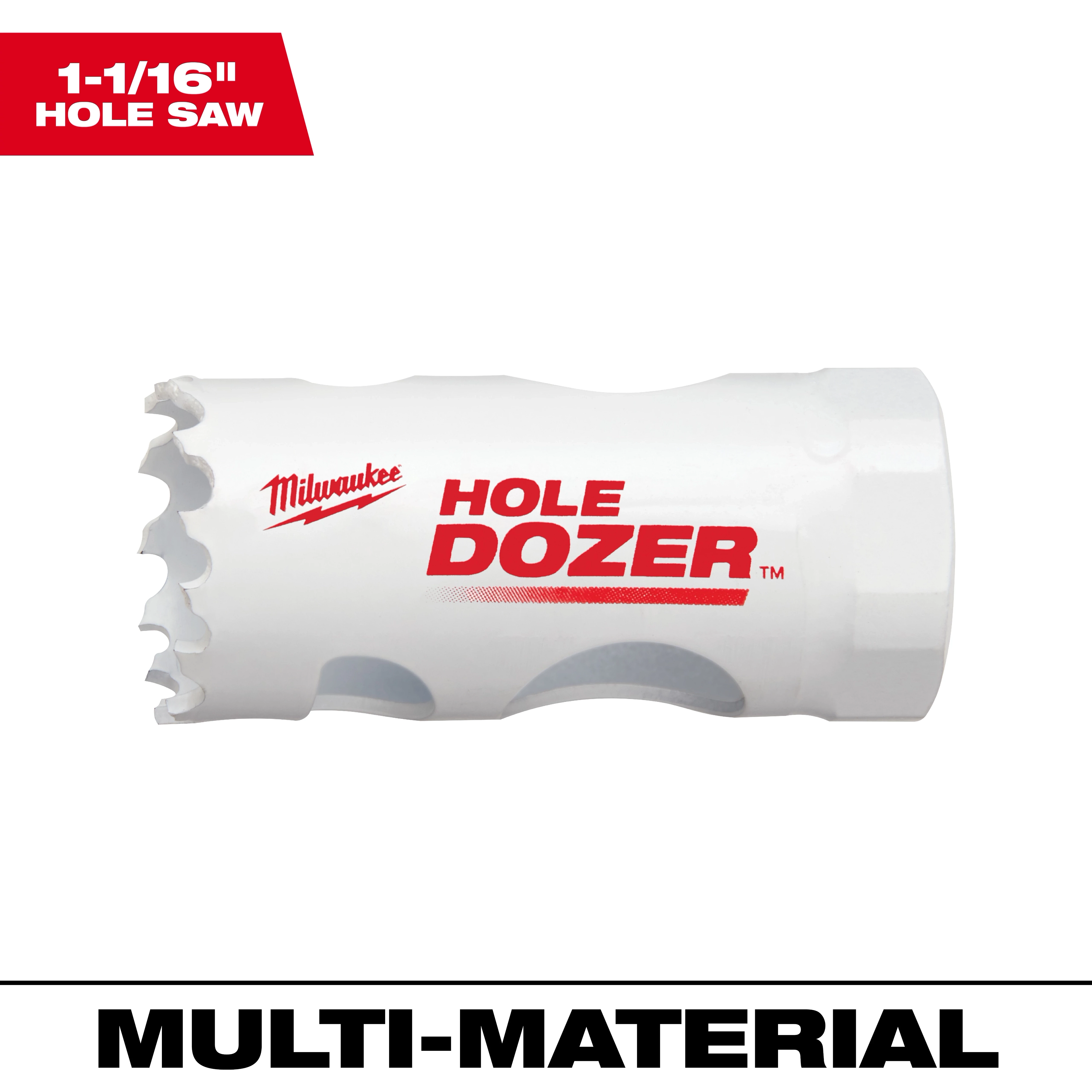 1-1/16" Hole Dozer Bi-Metal Hole Saw with a white body and red logo, designed for cutting through multiple materials.