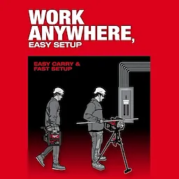 Two workers use the M18 FUEL™ BRANCH CONDUIT BENDER w/ AUTO-ZERO™ for bending conduit. One carries the tool while the other sets it up by a power panel. Text reads "WORK ANYWHERE, EASY SETUP" and "EASY CARRY & FAST SETUP" against a red background.