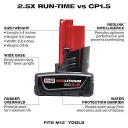 M12 REDLITHIUM XC 4.0 Extended Capacity Battery Pack features extended runtime, durable rubber overmold, and REDLINK Intelligence.