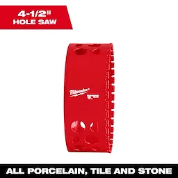 Red Milwaukee 4-1/2 inch Diamond Max Hole Saw for all porcelain, tile, and stone applications, with a sawtooth edge.